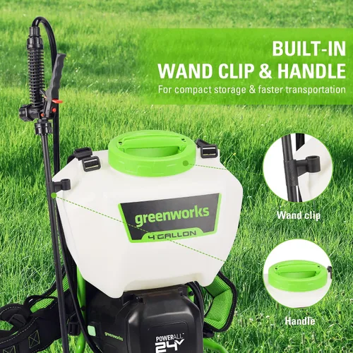 Vista 4 de Greenworks Rociador inalámbrico de mochila de 24 V (4 galones, 5 puntas, espray de 25 pies), para deshierbe, pulverización y limpieza, solo