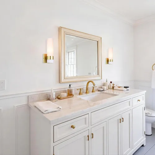 Vista 2 de XiNBEi Lighting XB-W1185-SB - Aplique de pared ADA, lámpara de tocador de baño vintage con tubo de vidrio acabado de latón satinado para cocina