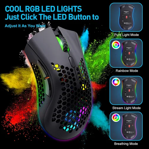 Vista 3 de Mouse inalámbrico ligero para juegos, mouse inalámbrico recargable de 2.4 G con carcasa de panal de abeja, 7 botones, DPI ajustable, receptor USB