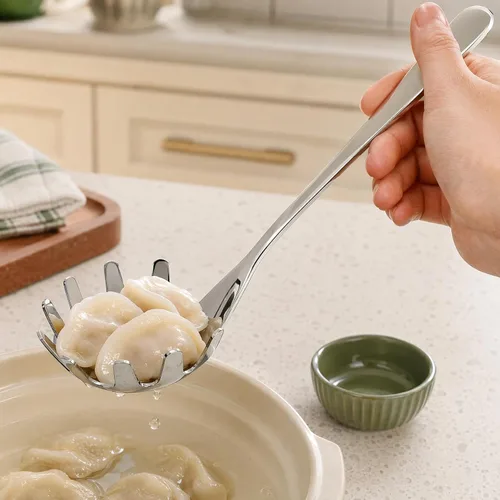 Vista 8 de Cabilock Cuchara de fideos, cuchara de pasta de acero inoxidable con dientes, espaguetis para recoger fideos, albóndigas y huevos, utensilio