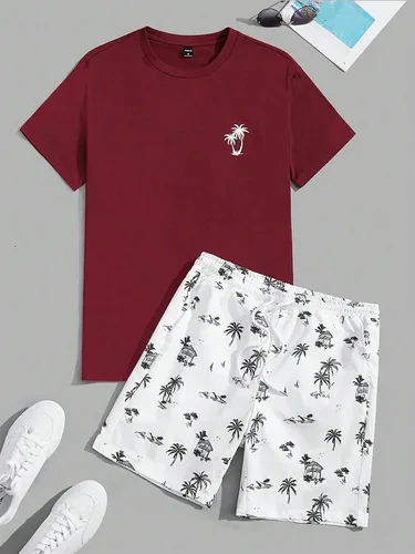 Vista 43 de GORGLITTER Conjunto de 2 piezas de camiseta gráfica de manga corta para hombre, estampado hawaiano con cordón y pantalones cortos