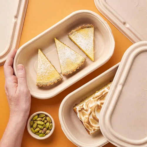 Vista 3 de Recipientes desechables ovalados de 28 onzas con tapas, bambú biodegradable ecológico y caña de azúcar, resistentes y resistentes a fugas, aptos