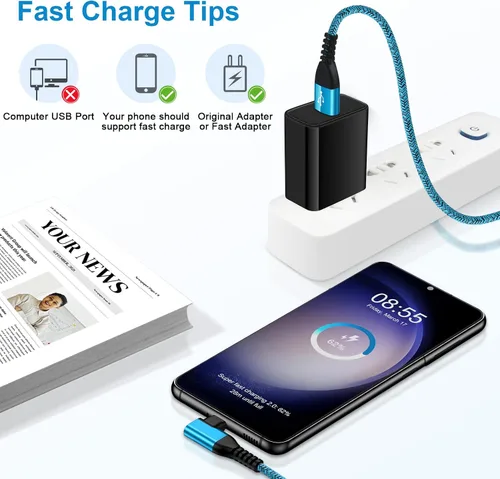 Vista 6 de Cable de carga USB C tipo C, cable de carga rápida, paquete de 2 cables de alimentación de teléfono Android de 6 pies en ángulo recto para Samsung