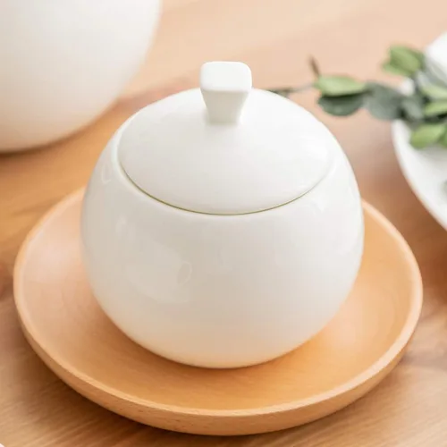 Vista 2 de Sizikato Azucarero de porcelana blanca pura con tapa, cuenco de sal de 14 onzas para cocina o restaurante