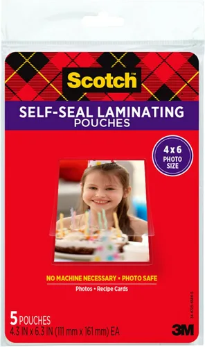 Vista 2 de Bolsas laminadas autosellables Scotch, 10 x 15 cm, paquete de 3 con 5 bolsas – Sin necesidad de máquina, transparente, seguro para fotos