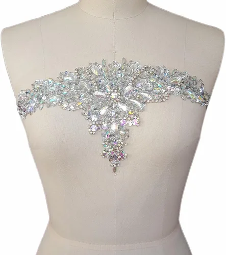 Vista 2 de Exquisitos parches de cristal brillantes hechos a mano de color AB para coser con piedras y lentejuelas para vestidos de novia, accesorios manuales