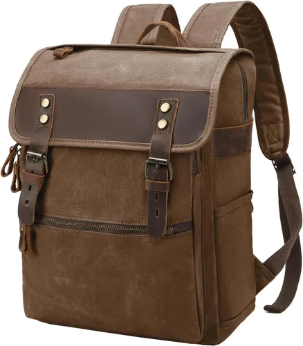 Vista 10 de Mochila vintage de lona encerada para hombres y mujeres, verde militar Mochila de viaje para computadora portátil, de piel auténtica