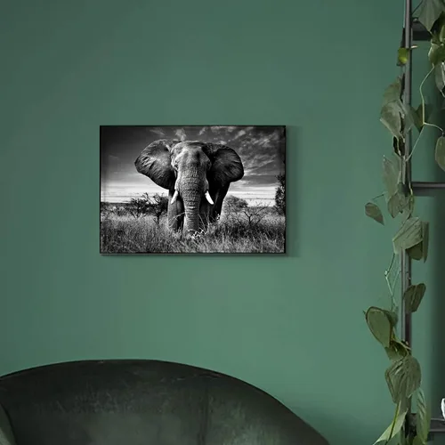 Vista 6 de Arte de pared blanco y negro de elefante – Pintura rústica en lienzo – Imagen de animales africanos – Obra de arte natural para decoración de baño