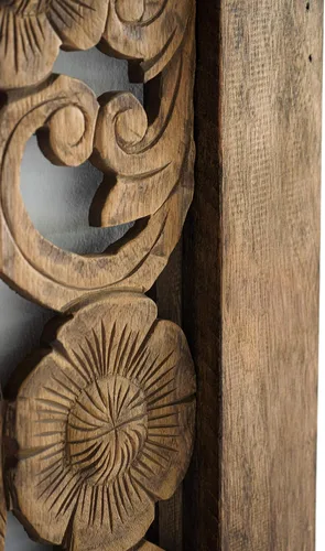 Vista 6 de Cabecero tallado de tamaño Super King, paneles de madera de mandala montados en la pared, acabado rústico marrón envejecido, 80 pulgadas