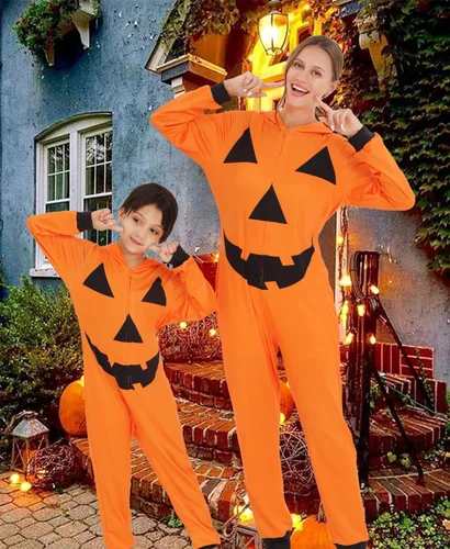 Vista 6 de ANGELGGH Pijama de Halloween a juego para la familia, pijamas de vacaciones para mujereshombresniñosparejas, lindo disfraz de calabaza para descansar