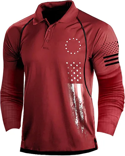 Vista 18 de Camisa polo de manga larga con bandera estadounidense para hombre, cuello gráfico patriótico, camiseta de golf, moderna, casual, cuello en V, tops