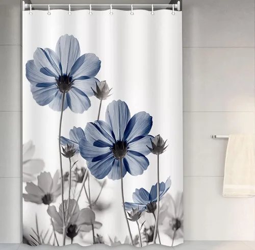Vista 46 de MERCHR Cortina única floral azul para decoración de baño, cortina de ducha estilo granja con flores de margarita azul y gris elegantes y diseño