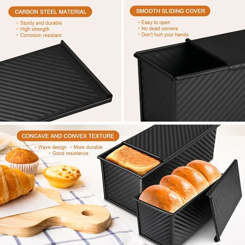 Vista 6 de Paquete de 2 moldes para pan con tapas – Capacidad de masa de 2.2 libras y 1 libra, moldes para pan de acero al carbono antiadherentes para pan