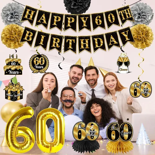 Vista 4 de Decoraciones de cumpleaños de 60 años para hombres y mujeres, pancarta de feliz cumpleaños número 60, globos de felicitación a 60 años, decoraciones