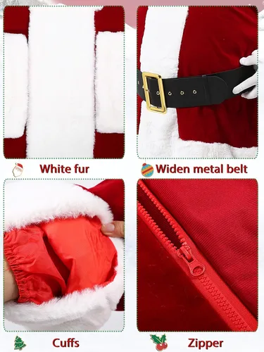 Vista 3 de Juego de disfraces de Papá Noel de lujo para hombre, 10 piezas, disfraz de Papá Noel, terciopelo clásico para adultos, traje de Papá Noel