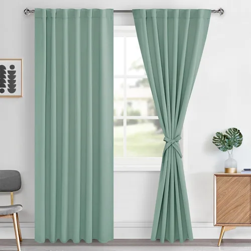 Vista 146 de Hiasan Cortinas opacas negras para dormitorio, cortinas opacas cortas de 45 pulgadas de largo, con aislamiento térmico, bolsillo para barra