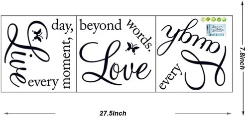 Vista 3 de Calcomanía de vinilo para la pared, con citas "Live every moment", "Laugh every day", "Love beyond words". Negro