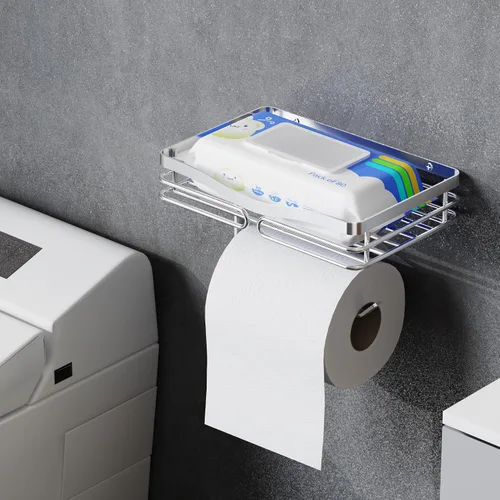 Vista 6 de Soporte de papel higiénico con estante de almacenamiento, cepillado, montaje sin taladros, se adapta a toallitas húmedas de tamaño Costco, para baño