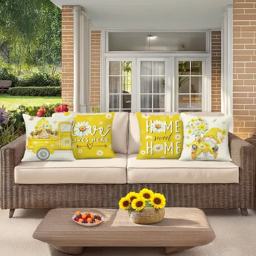 Vista 3 de Bonhause Juego de 4 fundas de cojín decorativas de 18 x 18 pulgadas con diseño de margaritas de gnomos y flores de primavera y verano, camión, Love