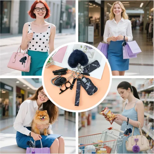 Vista 7 de Juego de 10 llaveros de accesorios para mujer con alarma de seguridad, silbato y llavero de pulsera