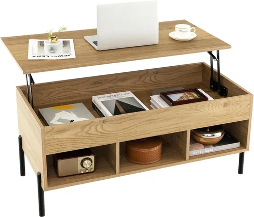 Vista 9 de Giantex Mesa auxiliar elevable, mesa rectangular de madera con compartimento oculto y estantes de almacenamiento abiertos, mesa central moderna