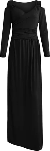 Vista 3 de Vestidos de mujer de moda de manga larga con cuello en V color sólido dobladillo con abertura
