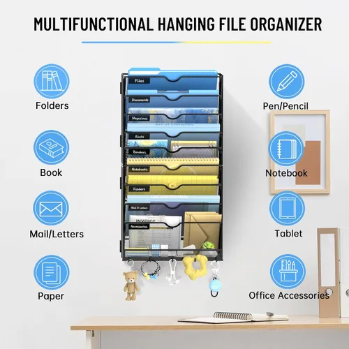 Vista 6 de SUPEASY Organizador de archivos de pared de 10 niveles con ganchos Negro