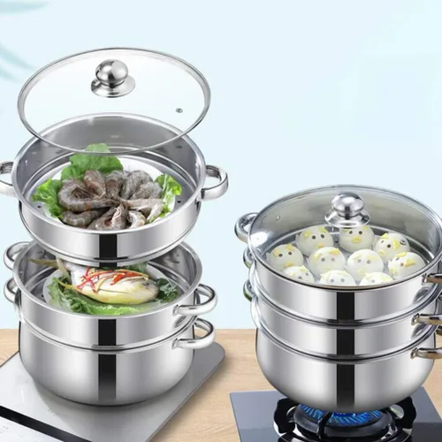 Vista 3 de Olla de acero inoxidable para albóndigas vegetales, olla de vapor multifuncional de 4 niveles para cocinar, diámetro de 11.0 in, juego de brillo