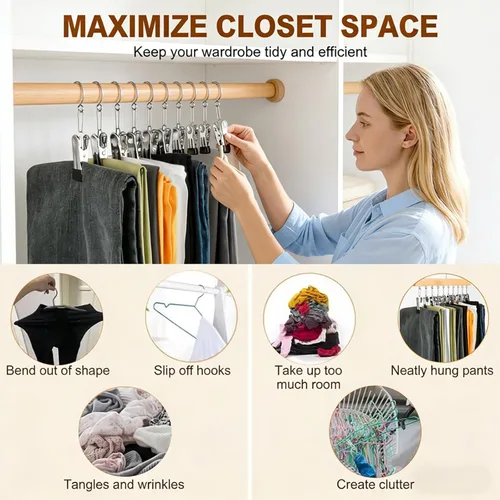 Vista 5 de Organizador de armario con 10 clips, organizador colgante de armario ajustable de madera para armario, colgador de pantalones de acero inoxidable