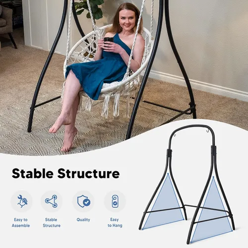 Vista 2 de Silla Hamaca Colgante de Interior con Soporte, Silla Colgante de Exterior con Soporte, Capacidad de 400 libras, Beige