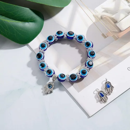 Vista 6 de Yaomiao 6 Piezas Pulsera de Ojo Malvado Hamsa Pulsera de Encanto con Cuentas Elástica Pulsera de Mano de Fátima Amuleto Turco de Ojo Malvado