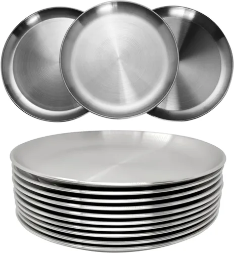 Vista 10 de CAMBUY Juego de platos de acero inoxidable de 10 pulgadas, platos de metal ligeros irrompibles para cena, no tóxicos, aptos para lavavajillas, sin