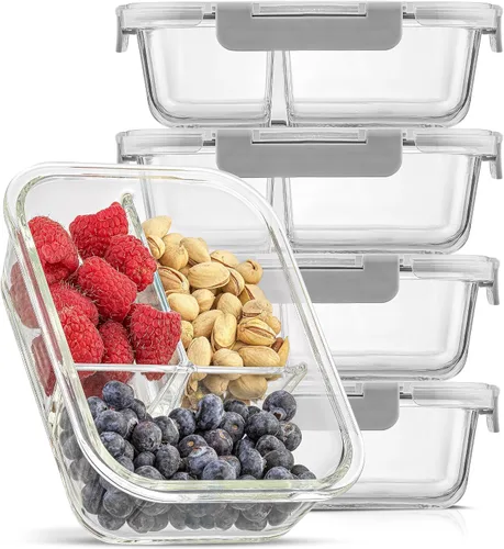 Vista 10 de JoyJolt Juego de caja Bento dividida de 3 compartimentos de vidrio para preparación de comidas, paquete de 5 recipientes herméticos