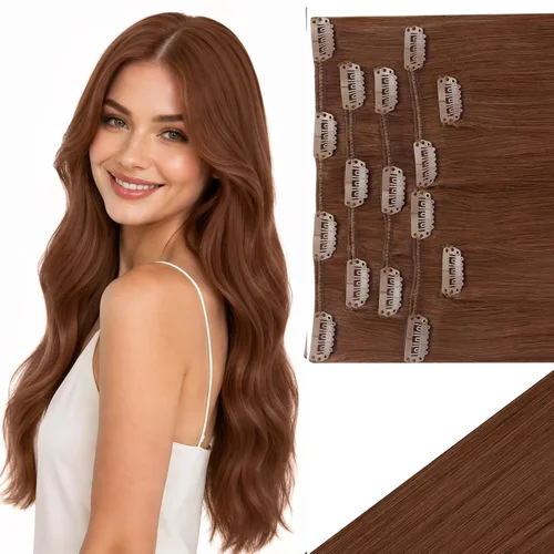 Vista 33 de Ve Sunny Extensiones de cabello clip-in de cabello humano real con reflejos, extensiones de cabello con clip para cabello corto, marrón oscuro