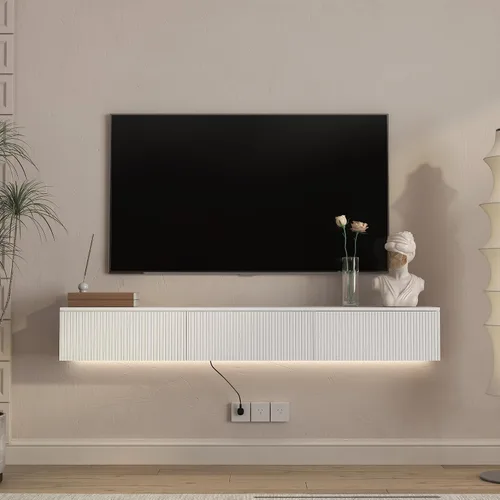 Vista 24 de Soporte flotante para TV montado en la pared con 20 LED de color, soporte de TV moderno de 63 pulgadas, gabinete de TV flotante centro