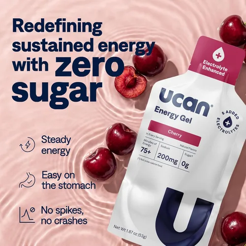Vista 6 de UCAN Gel energético + electrolitos Cereza Sin azúcar Paquete de 12