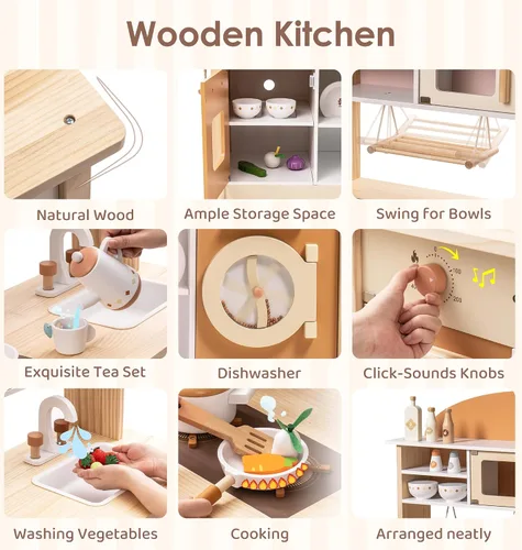 Vista 6 de ROBOTIME Juego de cocina de madera caramelo para niños, juego de rol 4 en 1 con nevera, lavadora y plancha, lavavajillas, juego de cocina para niños