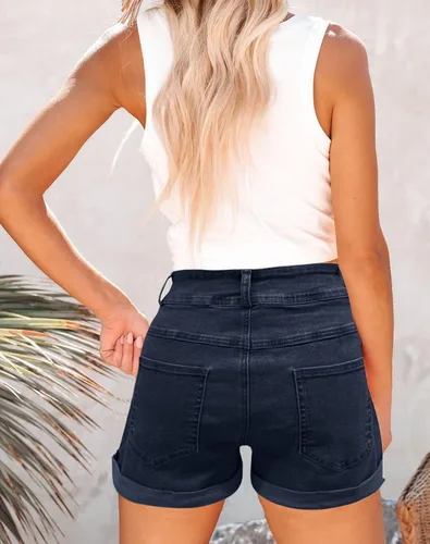 Vista 2 de Pantalones cortos de mezclilla casuales de cintura alta con bolsillos para mujer