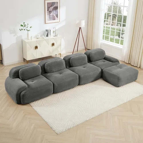 Vista 84 de Sofá moderno comprimido sin armazón de 116", sofás seccionales de 3 plazas para sala de estar, sofá seccional modular de pana verde nube, espuma