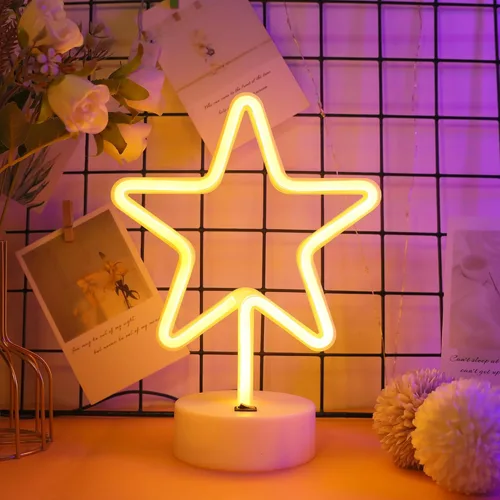 Vista 2 de ENUOLI Lámpara de luz LED de neón en forma de estrella blanca cálida con base, funciona con pilas y USB, letrero de neón LED en forma de estrella