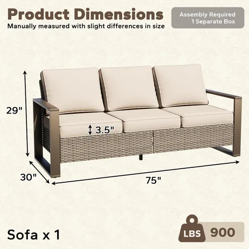 Vista 2 de Sofá de Mimbre Metálico para Patio de 75", Sofá Sillón de Ratán para Exteriores de 3 Asientos para Todo Tipo de Clima con Cojines Premium