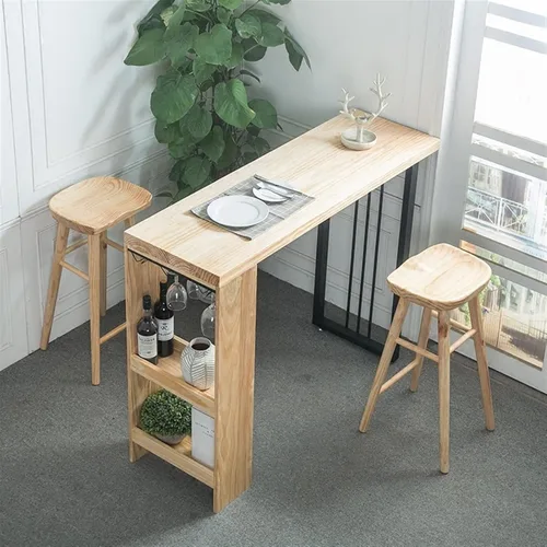 Vista 2 de Mesa de barra de altura nórdica moderna barra de madera maciza para el hogar multifuncional sala de estar Bar con estante Tienda de té con leche