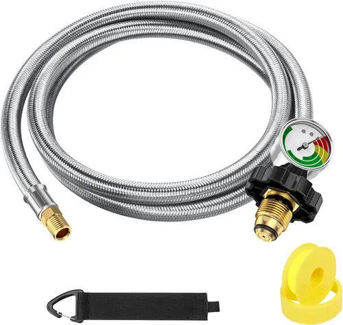 Vista 2 de Extensión de manguera de tanque de propano de 6 pies con manómetro, POL x 1/4 de pulgada de brida macho invertida, manguera trenzada para tanque