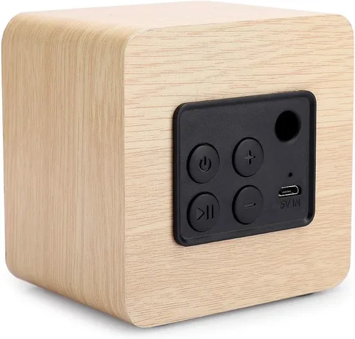 Vista 6 de Altavoz Bluetooth retro, altavoz portátil de madera amarillo alimentado por USB con sonido HD y graves ricos para computadora PC