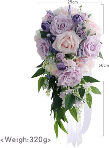 Vista 2 de MOJUN Ramos de boda para novia, rosa morada, taro, gota de agua, ramo de novia en cascada para novia, ramo de novia en cascada para ceremonia de F