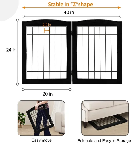Vista 5 de LZRS Puerta plegable independiente de madera para perros de 2 paneles, madera maciza y alambre de acero, barrera para mascotas resistente a
