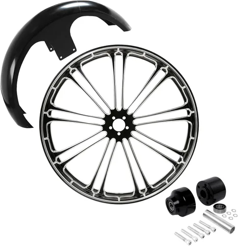 Vista 70 de TCMT Llanta de rueda delantera de 21", buje de rueda de brida de doble disco con guardabarros delantero negro sin pintar, compatible con modelos