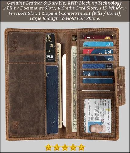 Vista 2 de Mou Meraki - Cartera larga de piel auténtica con bloqueo RFID, plegable vintage para hombre