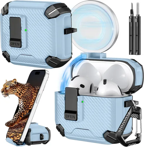 Vista 35 de Inesore Funda para AirPods Pro 1ª/2ª con bloqueo seguro (verde oscuro) Cubierta magnética de bloqueo automático con soporte para teléfono y kit