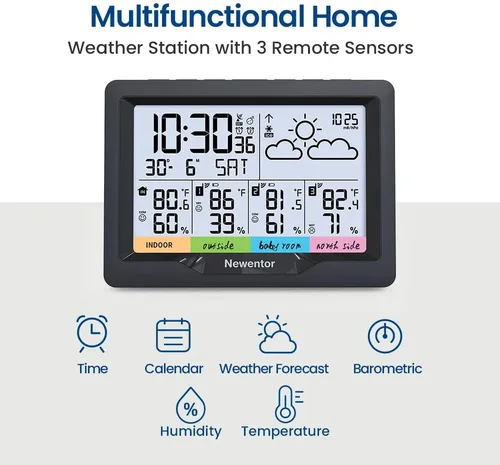 Vista 4 de Newentor Estación meteorológica inalámbrica para interiores y exteriores, múltiples sensores, termómetro digital de reloj atómico, monitor de Negro
